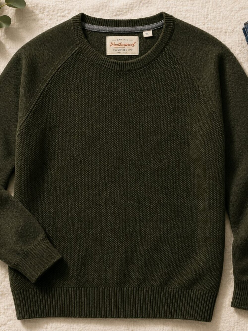 Weatherproof Vintage Men's XXL Olive Green Textured Knit Crewneck Sweater